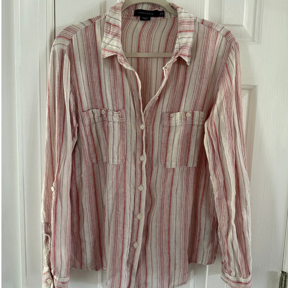 Sanctuary | boyfriend linen gauze style stripped button up shirt| size medium